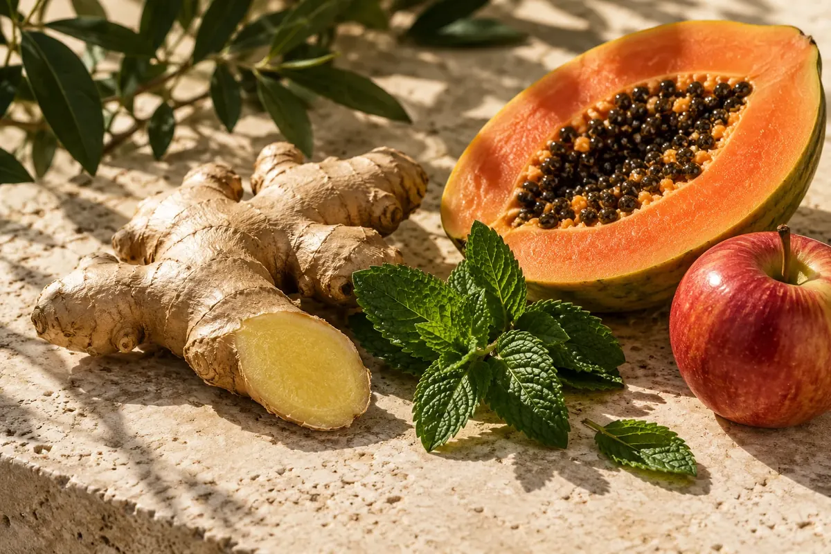 Jengibre, menta, papaya y manzana sobre piedra natural